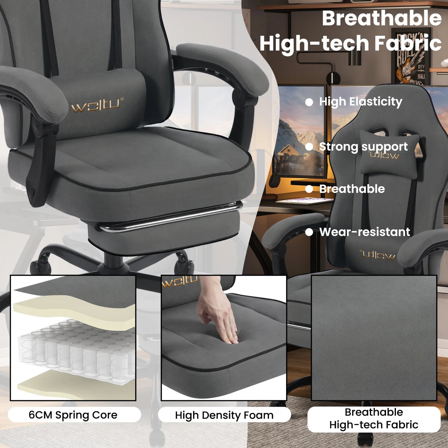 WOLTU Swivel Gamer Chair Gaming Chair Ergonomic Office Computer Chair with Lumbar Cushion Pillow Footrest