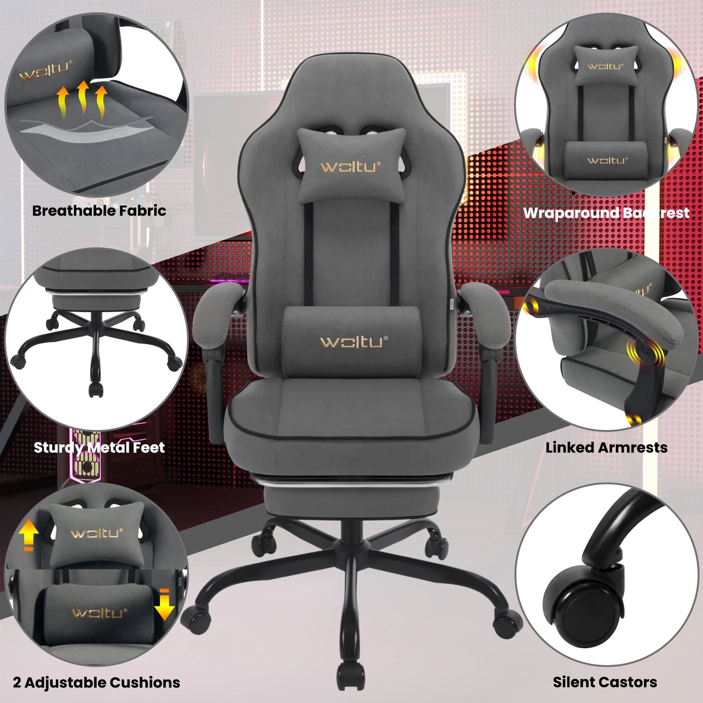 WOLTU Swivel Gamer Chair Gaming Chair Ergonomic Office Computer Chair with Lumbar Cushion Pillow Footrest