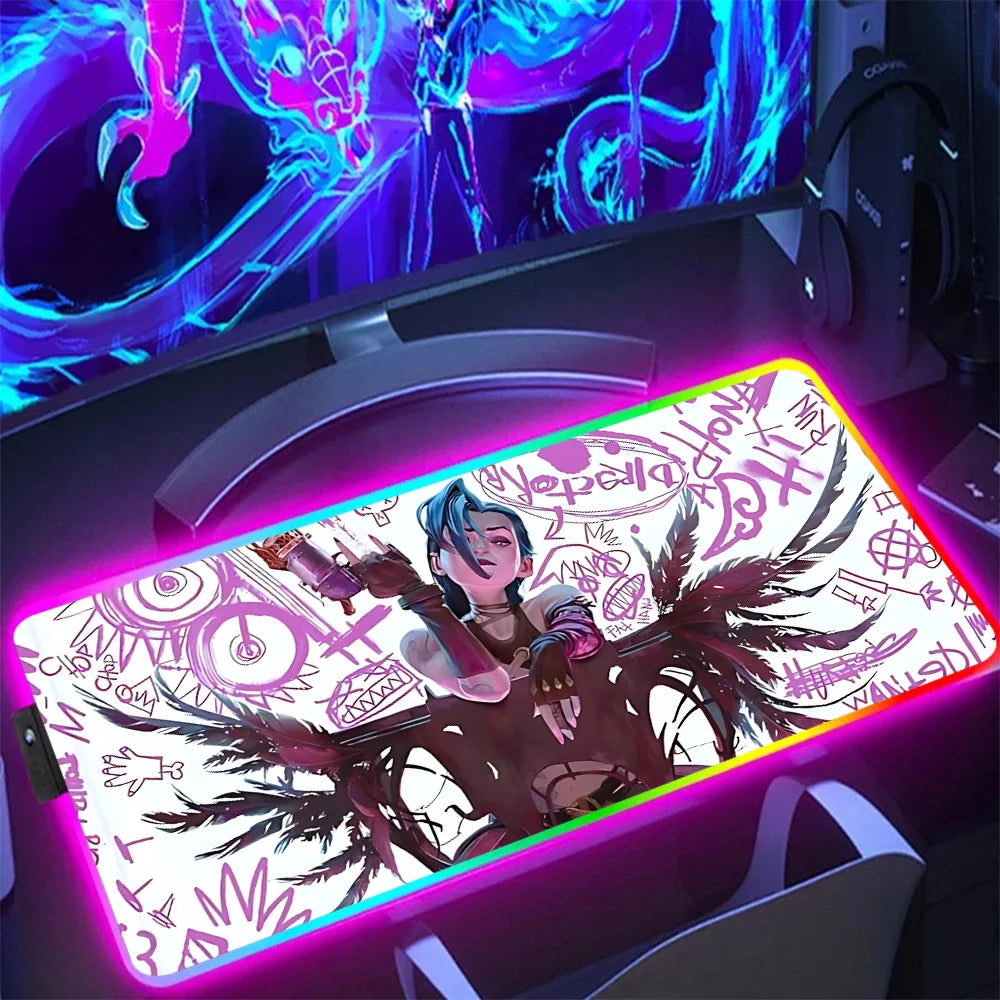 Hot Anime Game Graffiti Jinxs RGB Pc Gamer Keyboard Mouse Pad Mousepad LED Glowing Mouse Mats Rubber Gaming Computer Mausepad