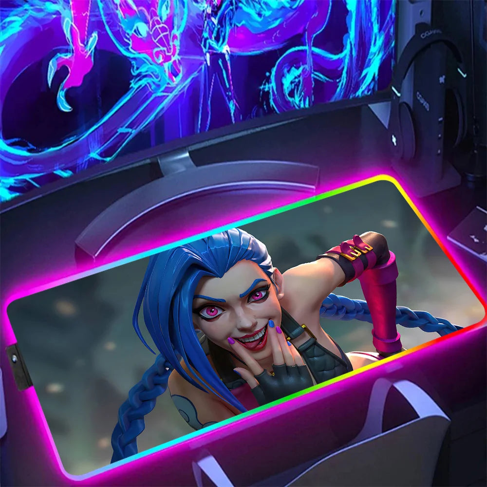 Hot Anime Game Graffiti Jinxs RGB Pc Gamer Keyboard Mouse Pad Mousepad LED Glowing Mouse Mats Rubber Gaming Computer Mausepad