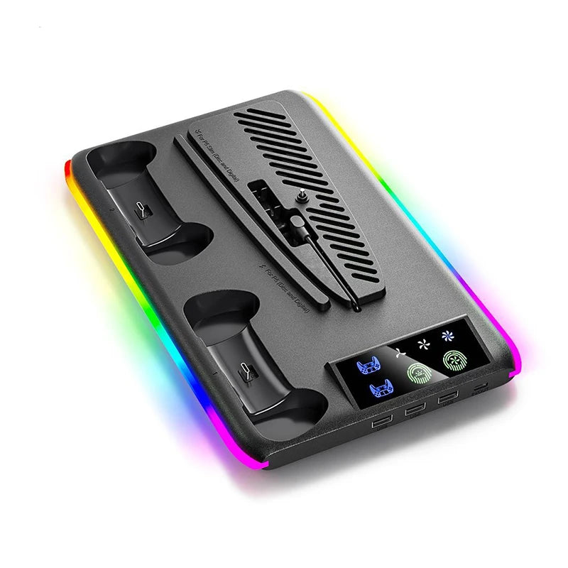 For PS5 Slim/PS5 Stand Cooling Holder & Controller Charging Station With Headphone Hook RGB Light 3 Levels Cooling Fan For PS5