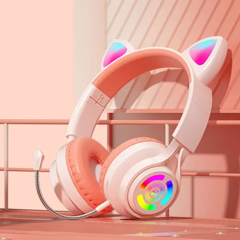 RGB Lighting Headphone For PC Computer iPad Cat Ear Gaming Headset Noise Reduction Headphones With Microphone Children Gift