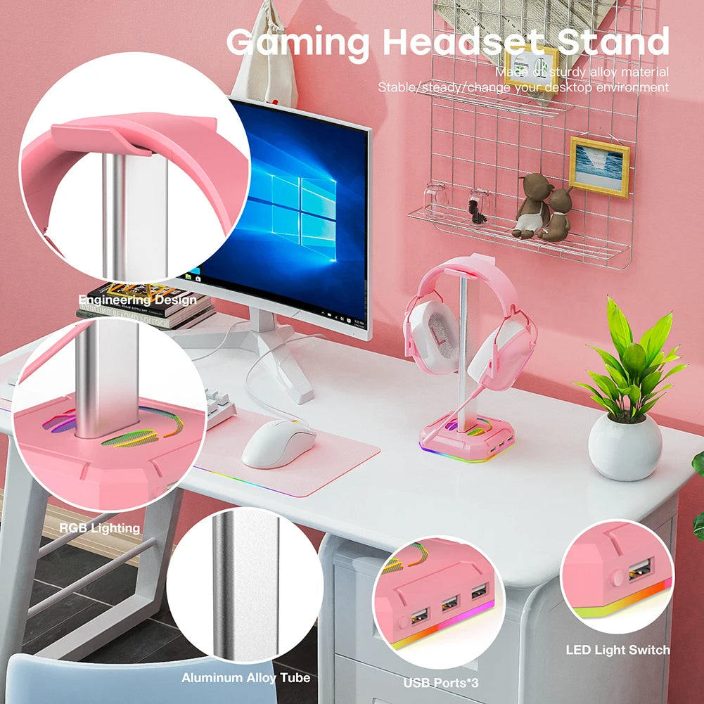 RGB Gaming Headphone Stand Over-ear Headset Desk Bracket Desktop Computer Earphone Display Holder Luminous with 3 USB Ports