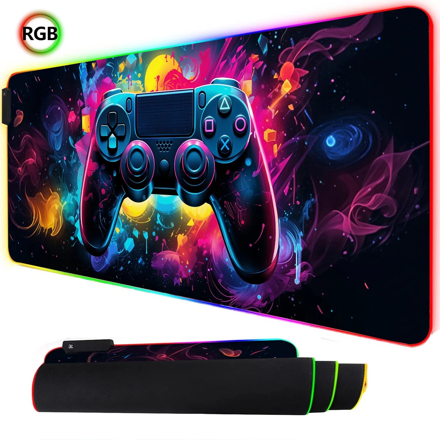 RGB Neon Gaming Controller Art Mouse Pad LED Backlight Luminous Gamer Rubber Keyboard Pads Esports Computer Accessories Desk Mat