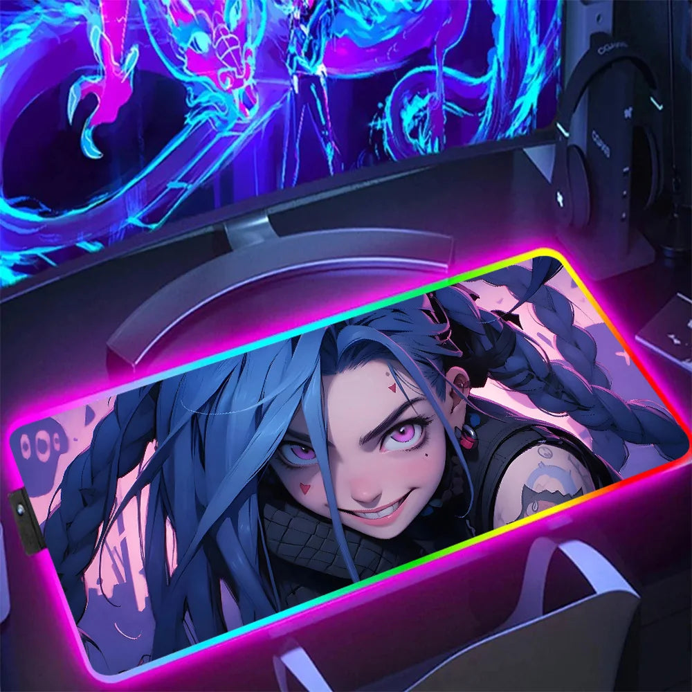 Hot Anime Game Graffiti Jinxs RGB Pc Gamer Keyboard Mouse Pad Mousepad LED Glowing Mouse Mats Rubber Gaming Computer Mausepad