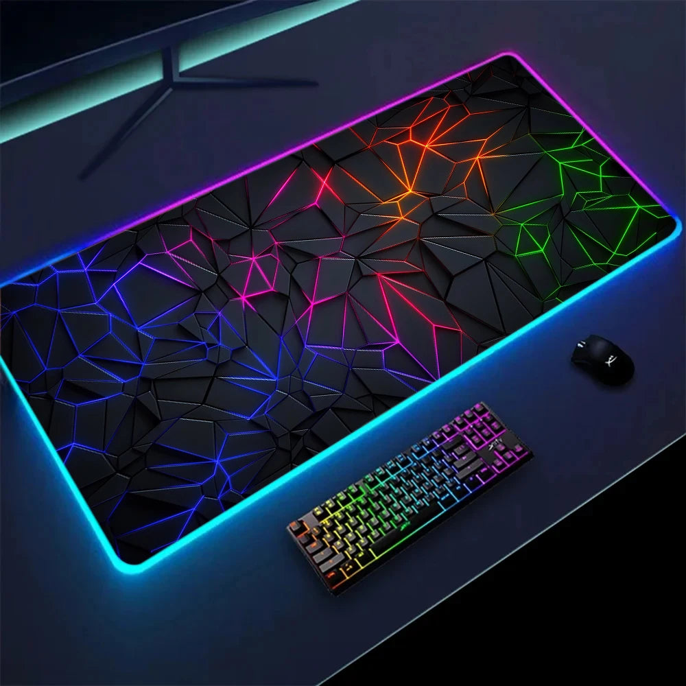 XXL RGB Gaming Mouse Pad New 3D Geometry Desk Mat HD Gamer Accessories Large LED Light Mousepads PC Computer Carpet with Backlit