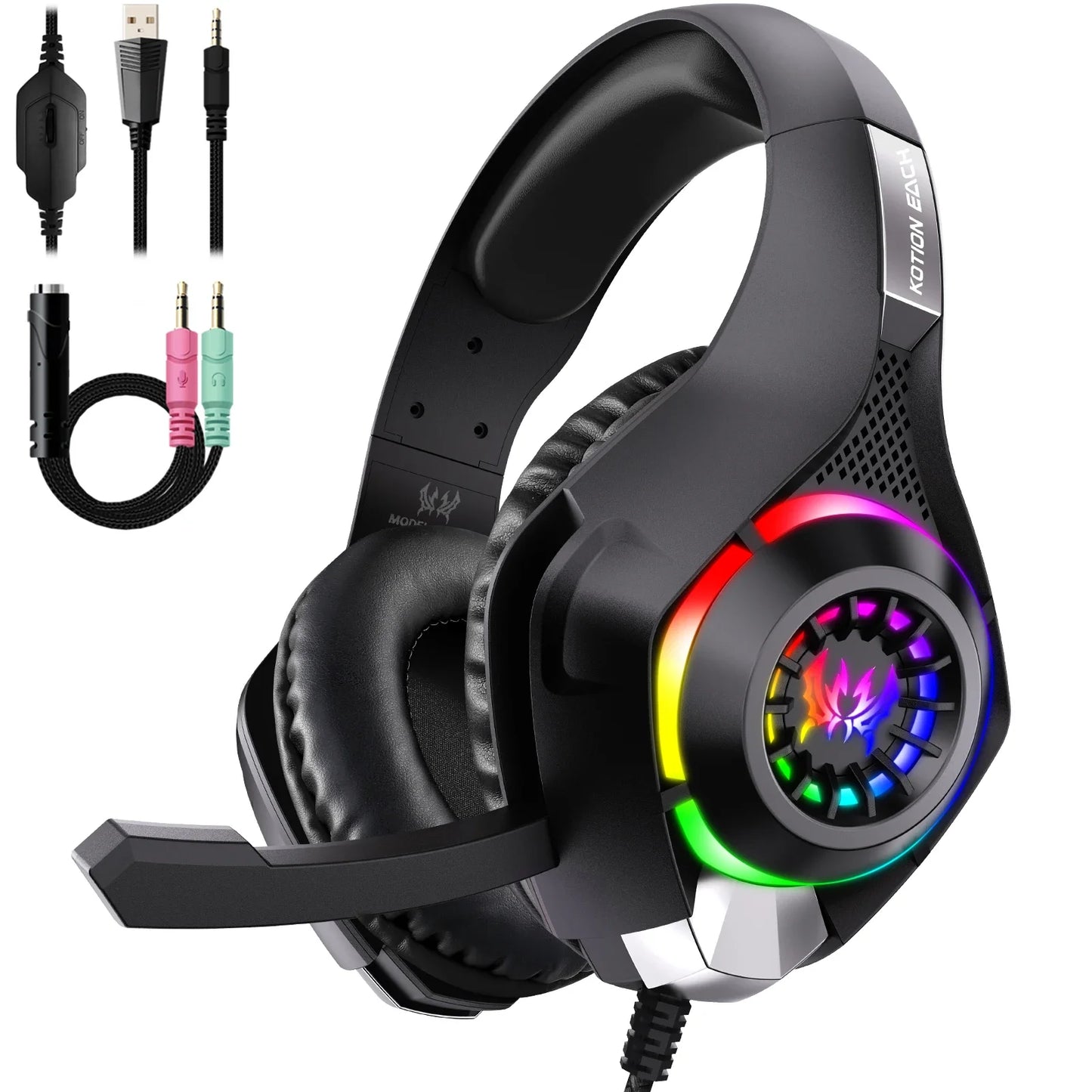 RGB Light Gaming Headset for PC PS5 Game Headphone with Microphone Noise Cancelling Earphone 3.5mm USB Deep Bass Stereo Sound