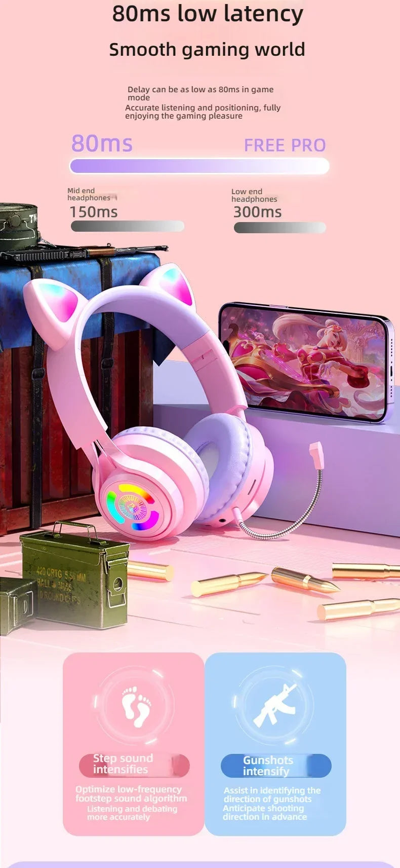RGB Lighting Headphone For PC Computer iPad Cat Ear Gaming Headset Noise Reduction Headphones With Microphone Children Gift