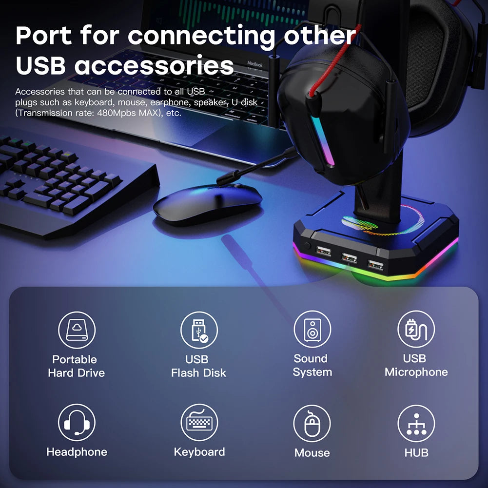 RGB Gaming Headphone Stand Over-ear Headset Desk Bracket Desktop Computer Earphone Display Holder Luminous with 3 USB Ports