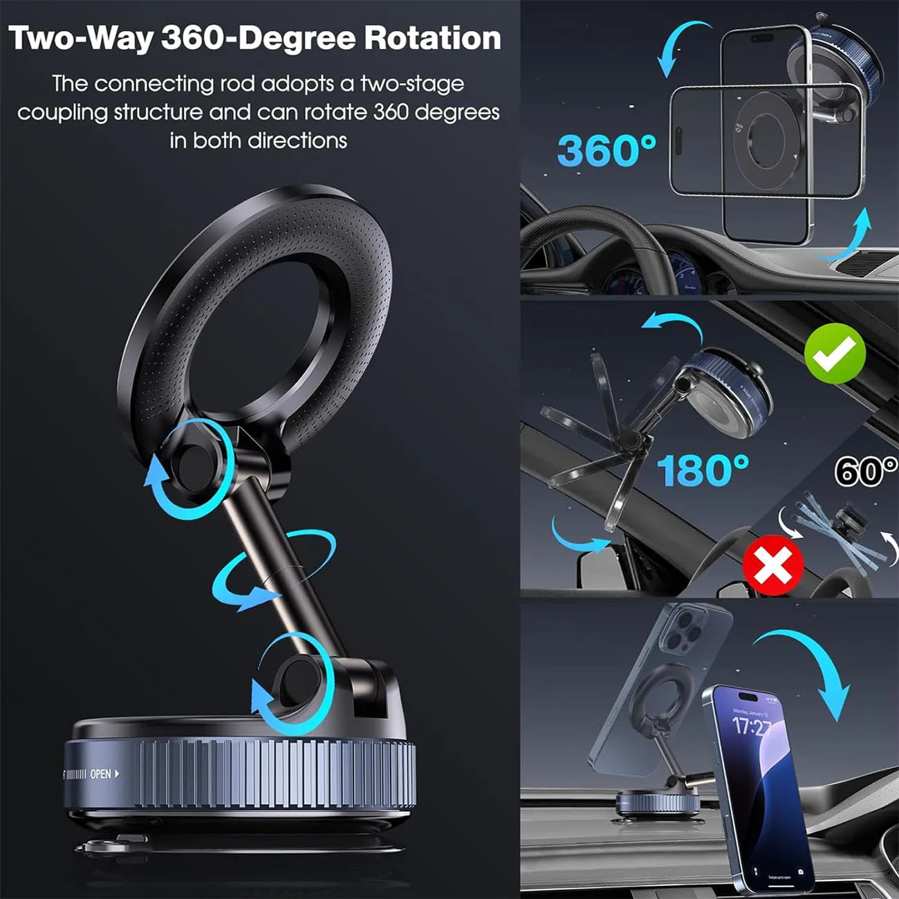 360° Foldable Vacuum Magnetic Phone Holder, Magnetic Car Phone Mount, Hands-Free Suction Cup Phone Holder for Smooth Surface