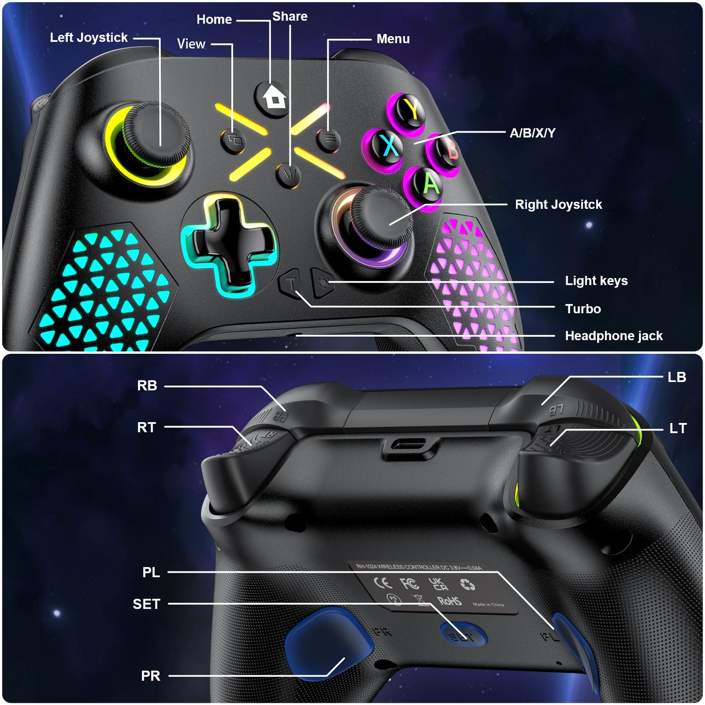 RGB Wireless Game Controller for Xbox One/X/S/Series X/S/PC Gamepad Gaming Joystick W/ LED Turbo Macro Function 3.5mm Audio Jack