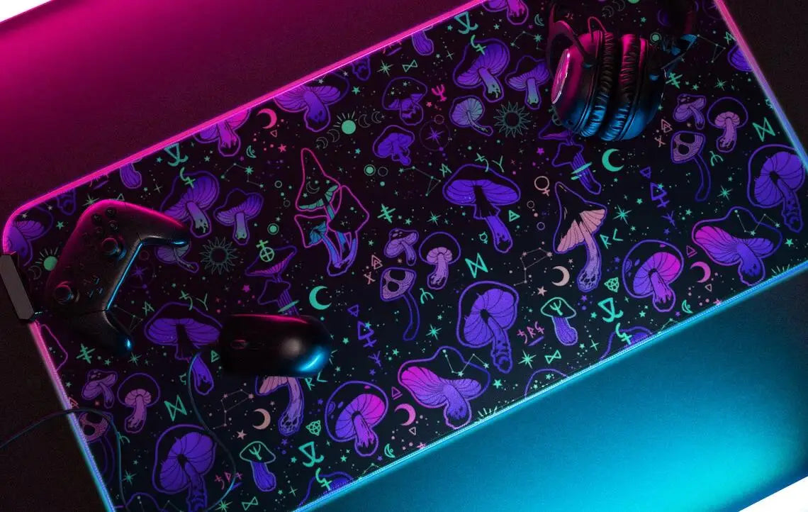 RGB Mouse Pad Mushroom Gaming Desk Mat Celestial Large Mousepad Black Neon Gamer RGB LED Desk Mat Pastel Goth Witchcraft