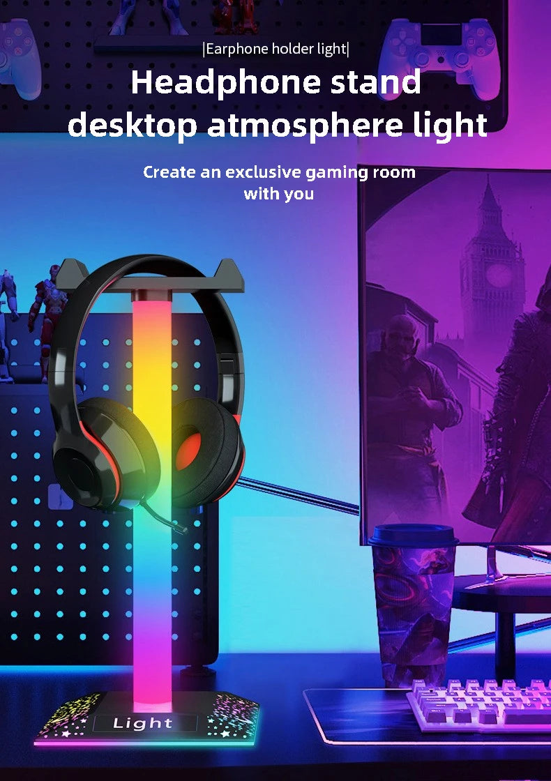 RGB Gaming Headset Stand LED Lights Headphone Stand Type-C & USB Charging Port Desk Lamp for Computer Room Bedroom Desktop