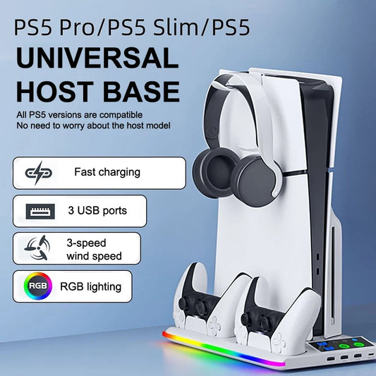 For PS5 Slim/PS5 Stand Cooling Holder & Controller Charging Station With Headphone Hook RGB Light 3 Levels Cooling Fan For PS5