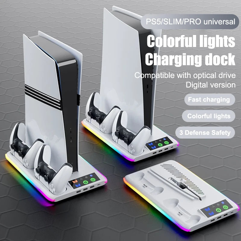 For PS5 Slim/PS5 Stand Cooling Holder & Controller Charging Station With Headphone Hook RGB Light 3 Levels Cooling Fan For PS5