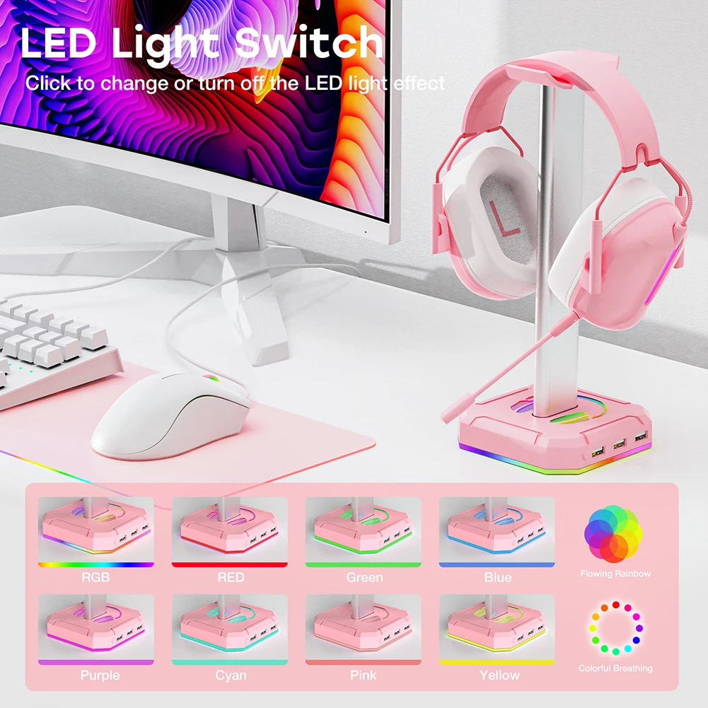 RGB Gaming Headphone Stand Over-ear Headset Desk Bracket Desktop Computer Earphone Display Holder Luminous with 3 USB Ports