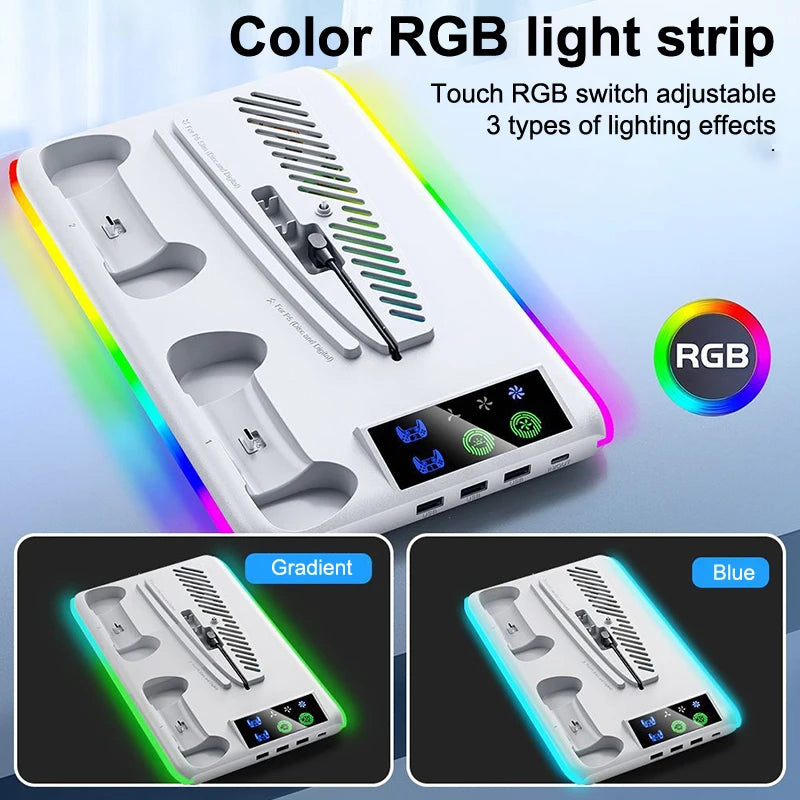 For PS5 Slim/PS5 Stand Cooling Holder & Controller Charging Station With Headphone Hook RGB Light 3 Levels Cooling Fan For PS5