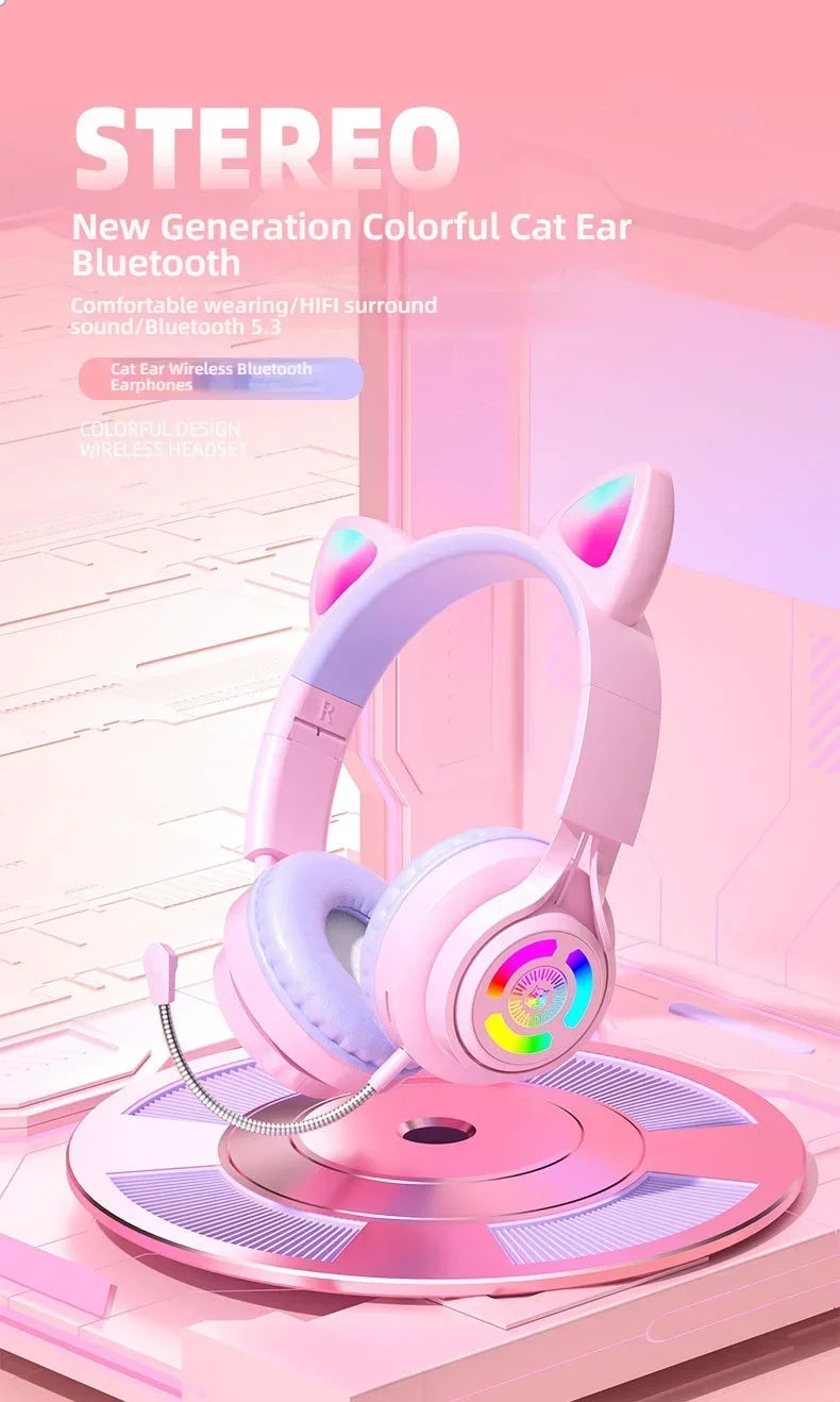 RGB Lighting Headphone For PC Computer iPad Cat Ear Gaming Headset Noise Reduction Headphones With Microphone Children Gift