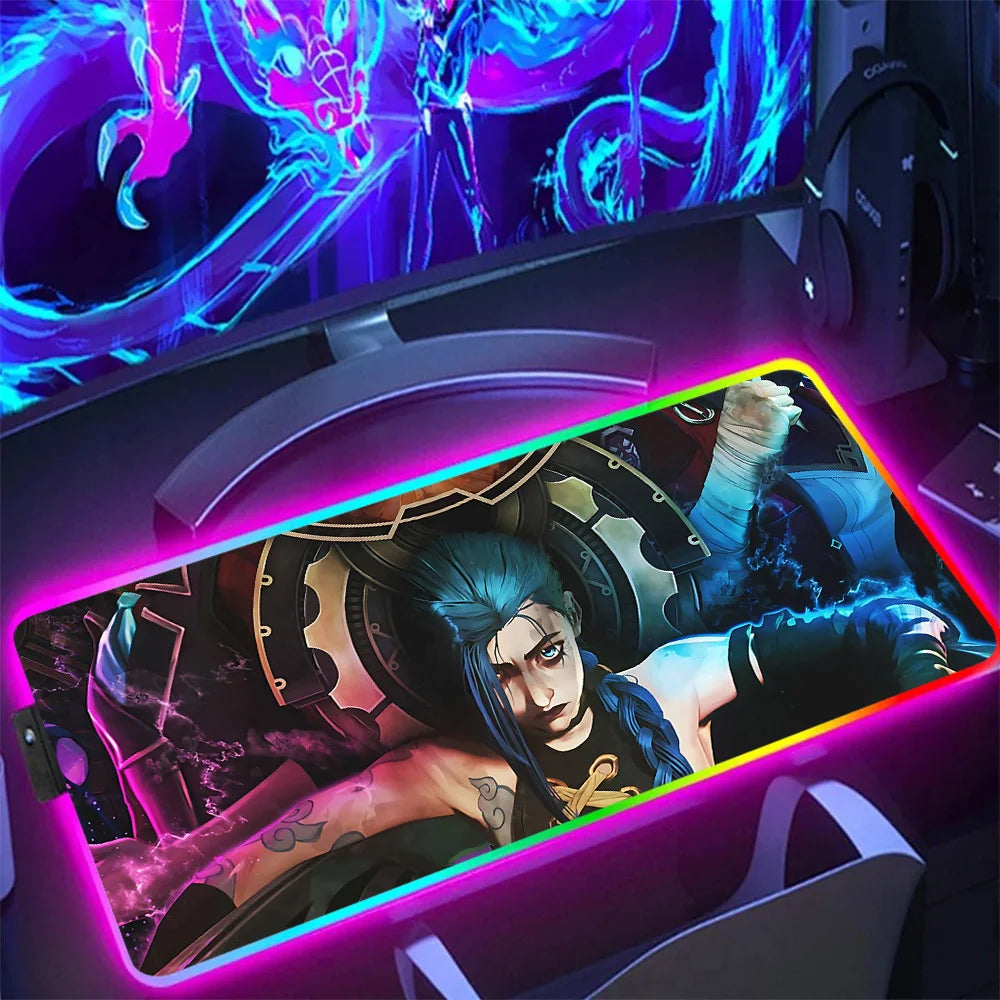 Hot Anime Game Graffiti Jinxs RGB Pc Gamer Keyboard Mouse Pad Mousepad LED Glowing Mouse Mats Rubber Gaming Computer Mausepad