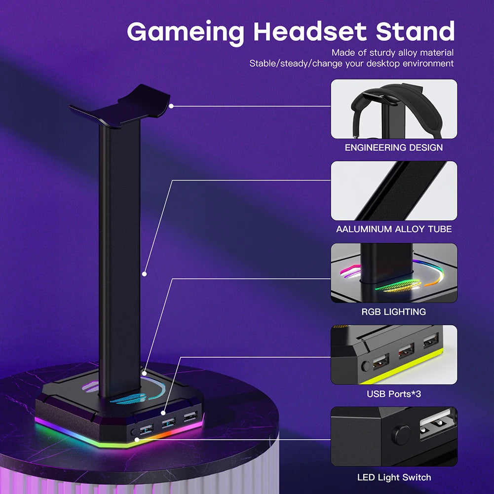 RGB Gaming Headphone Stand Over-ear Headset Desk Bracket Desktop Computer Earphone Display Holder Luminous with 3 USB Ports