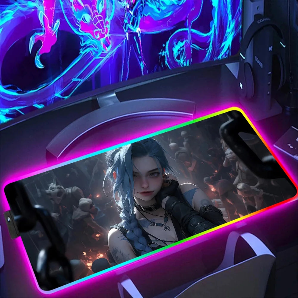 Hot Anime Game Graffiti Jinxs RGB Pc Gamer Keyboard Mouse Pad Mousepad LED Glowing Mouse Mats Rubber Gaming Computer Mausepad