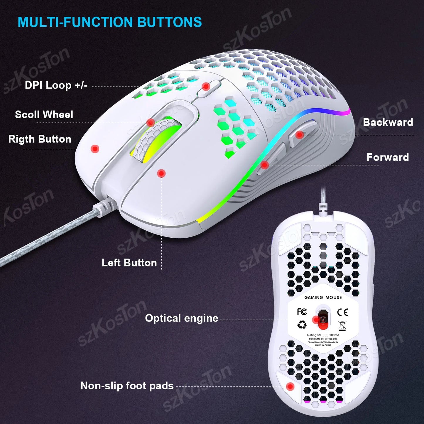 RGB Wired Gaming Mouse Ergonomic Design Mouses 6Levels Adjustable 7200DPI with Backlight for Office Computer PC Gamer