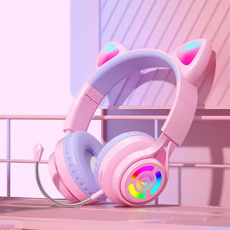 RGB Lighting Headphone For PC Computer iPad Cat Ear Gaming Headset Noise Reduction Headphones With Microphone Children Gift