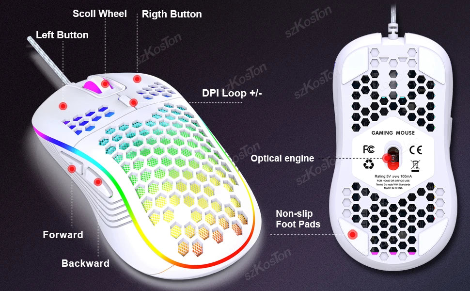 RGB Wired Gaming Mouse Ergonomic Design Mouses 6Levels Adjustable 7200DPI with Backlight for Office Computer PC Gamer