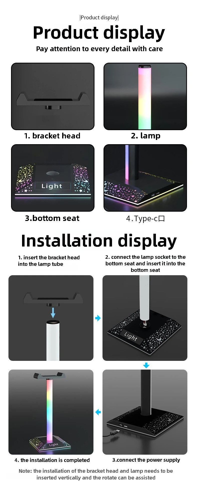 RGB Gaming Headset Stand LED Lights Headphone Stand Type-C & USB Charging Port Desk Lamp for Computer Room Bedroom Desktop