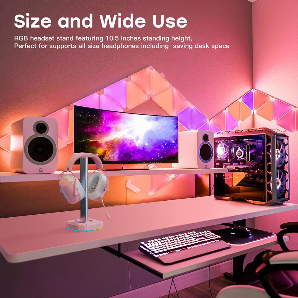 RGB Gaming Headphone Stand Over-ear Headset Desk Bracket Desktop Computer Earphone Display Holder Luminous with 3 USB Ports
