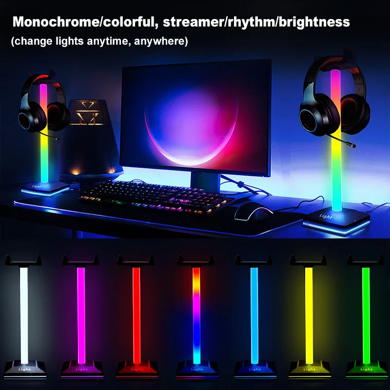 RGB Gaming Headset Stand LED Lights Headphone Stand Type-C & USB Charging Port Desk Lamp for Computer Room Bedroom Desktop