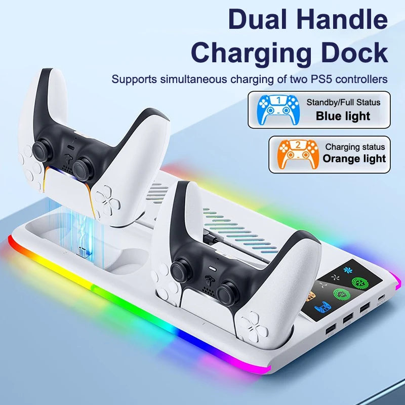 For PS5 Slim/PS5 Stand Cooling Holder & Controller Charging Station With Headphone Hook RGB Light 3 Levels Cooling Fan For PS5