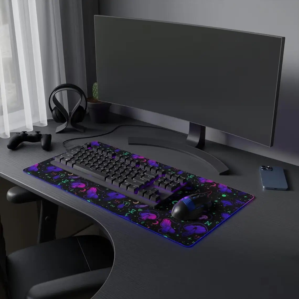 RGB Mouse Pad Mushroom Gaming Desk Mat Celestial Large Mousepad Black Neon Gamer RGB LED Desk Mat Pastel Goth Witchcraft