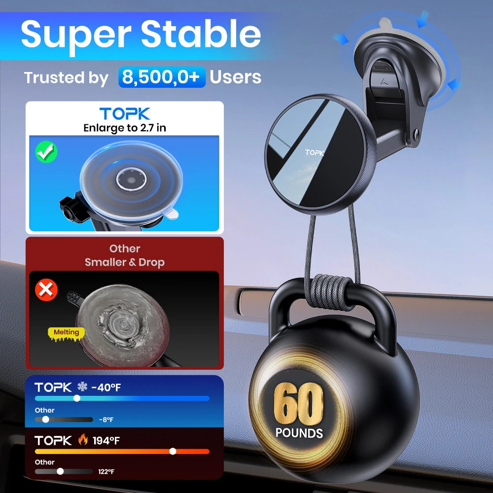 TOPK Mag-Safe Magnetic Car Phone Holder Car Mount for Windshield and Dashboard[Strong Suction]Adjustable Long Arm for Cellphones