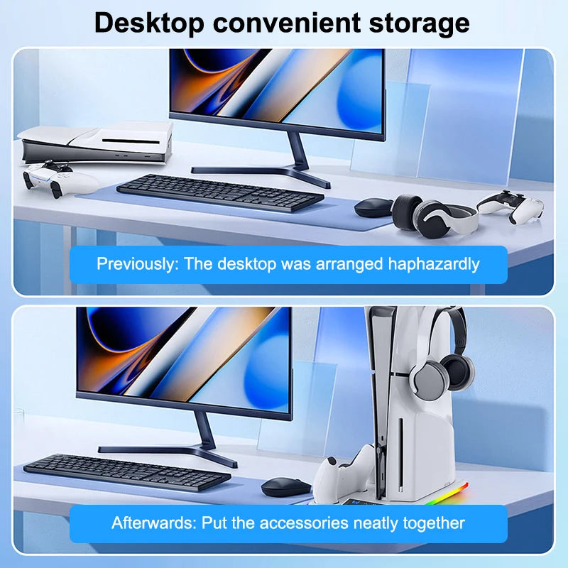 For PS5 Slim/PS5 Stand Cooling Holder & Controller Charging Station With Headphone Hook RGB Light 3 Levels Cooling Fan For PS5