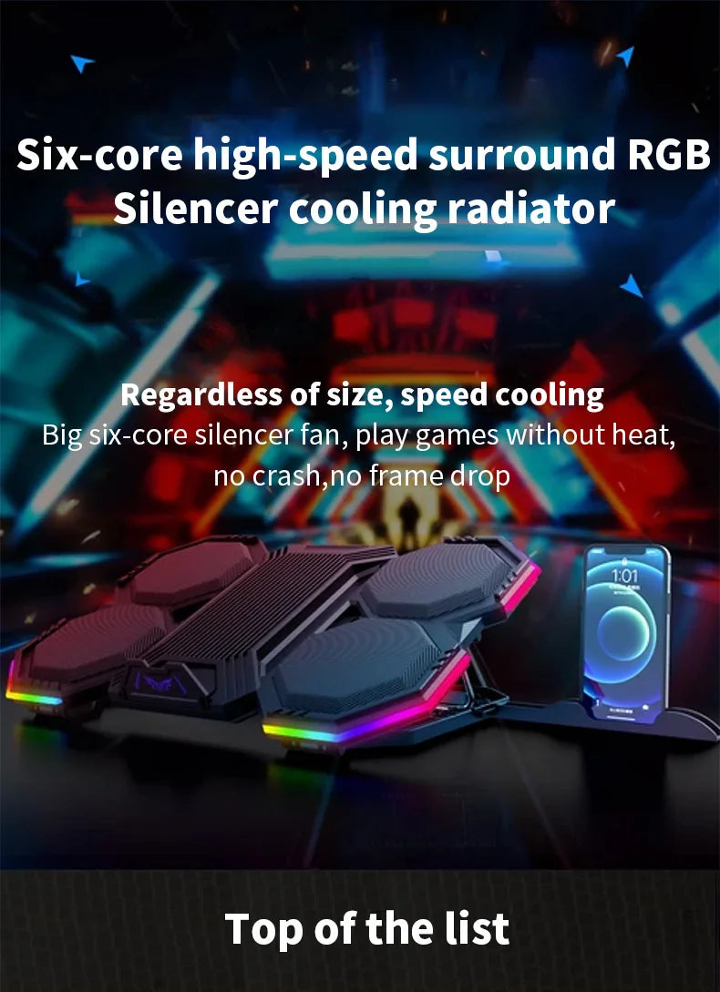 RGB Gaming Laptop Cooling Pad Air Cooler Notebook Stand Holder with 6 fans Cooling Fan Base Suit for 12-17 inch Laptop Stand