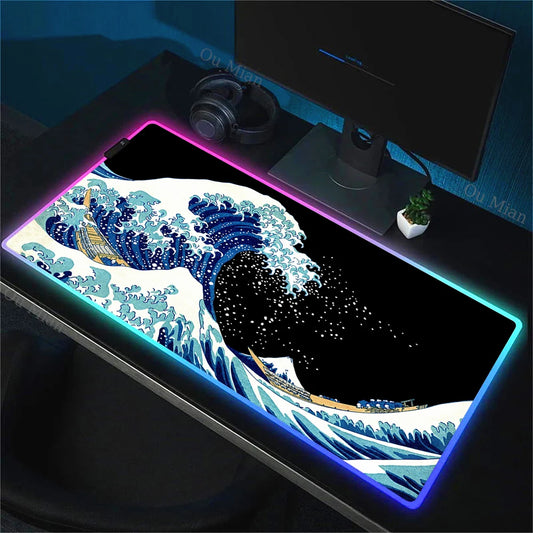 900x400mm RGB Mouse Pad The Great Wave off Kanagawa Design Waterproof Backlit Gaming Mousepad Protector with Laptop Accesso Mat