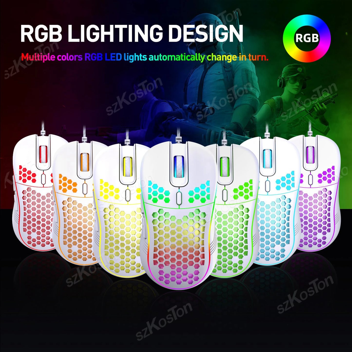 RGB Wired Gaming Mouse Ergonomic Design Mouses 6Levels Adjustable 7200DPI with Backlight for Office Computer PC Gamer