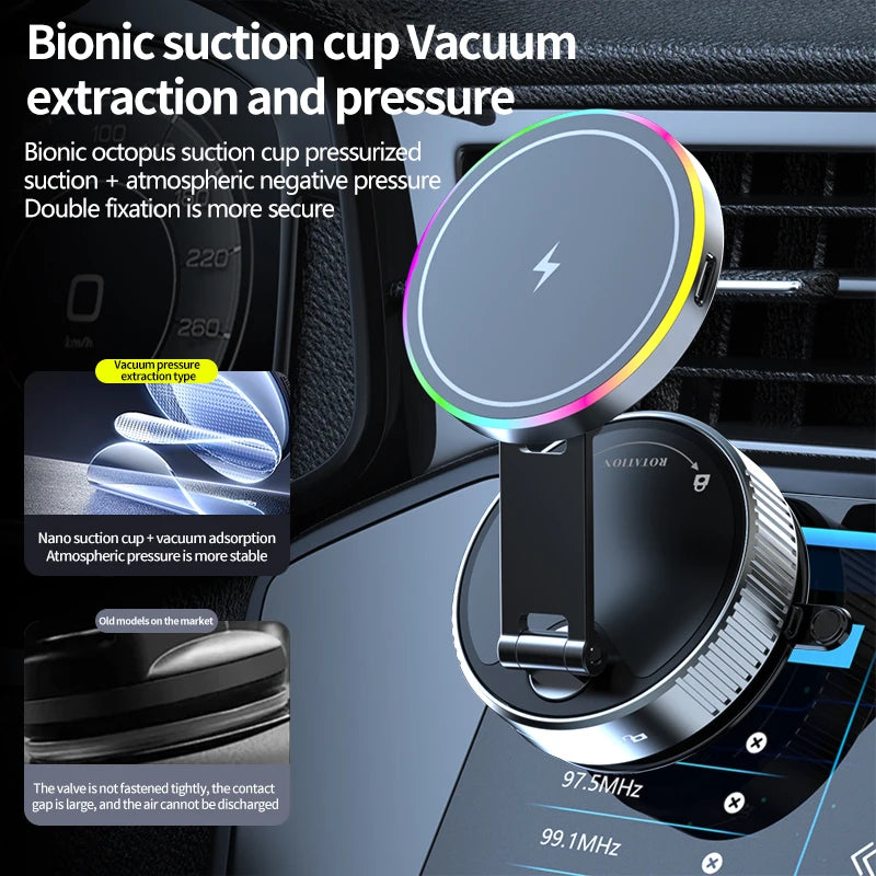 15W Vacuum Suction Magnetic Wireless Charger Car Phone Holder Mount 360 degree Rotatable Compatible with Smartphones for iPhone