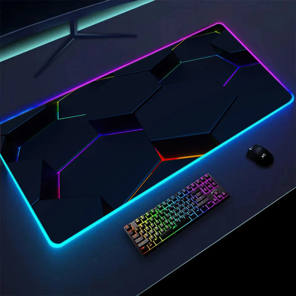 XXL RGB Gaming Mouse Pad New 3D Geometry Desk Mat HD Gamer Accessories Large LED Light Mousepads PC Computer Carpet with Backlit