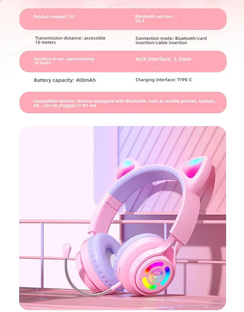 RGB Lighting Headphone For PC Computer iPad Cat Ear Gaming Headset Noise Reduction Headphones With Microphone Children Gift