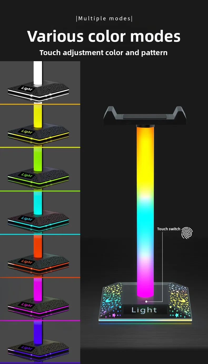 RGB Gaming Headset Stand LED Lights Headphone Stand Type-C & USB Charging Port Desk Lamp for Computer Room Bedroom Desktop