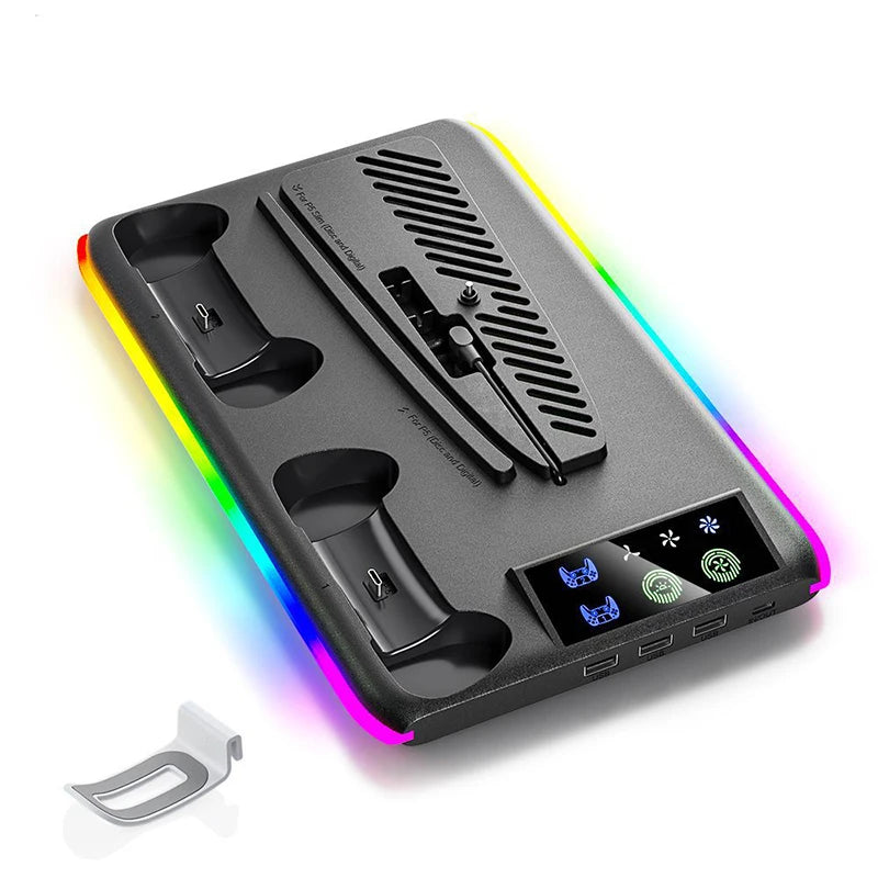 For PS5 Slim/PS5 Stand Cooling Holder & Controller Charging Station With Headphone Hook RGB Light 3 Levels Cooling Fan For PS5