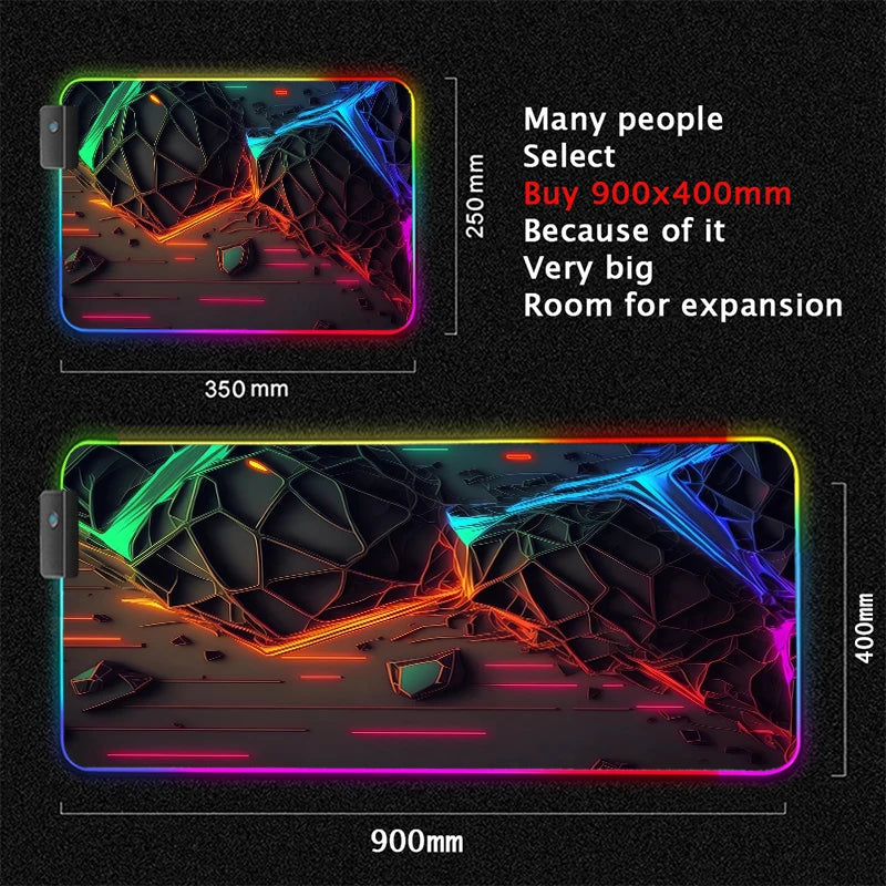 XXL RGB Gaming Mouse Pad New 3D Geometry Desk Mat HD Gamer Accessories Large LED Light Mousepads PC Computer Carpet with Backlit