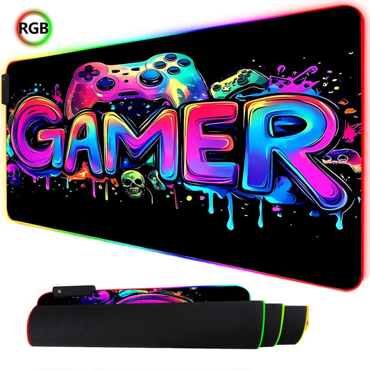 RGB Neon Gaming Controller Art Mouse Pad LED Backlight Luminous Gamer Rubber Keyboard Pads Esports Computer Accessories Desk Mat