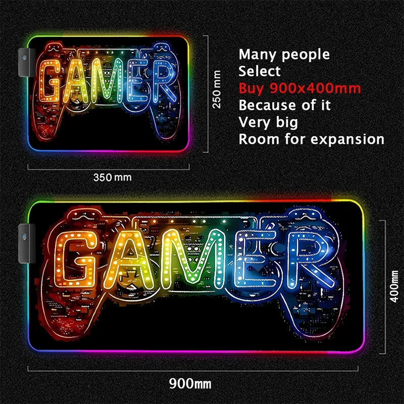 RGB Neon Gaming Controller Art Mouse Pad LED Backlight Luminous Gamer Rubber Keyboard Pads Esports Computer Accessories Desk Mat
