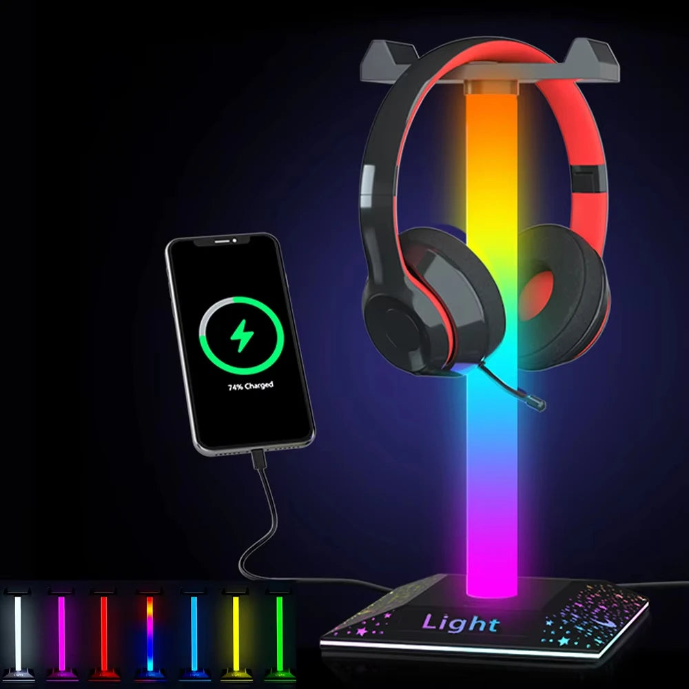 RGB Gaming Headset Stand LED Lights Headphone Stand Type-C & USB Charging Port Desk Lamp for Computer Room Bedroom Desktop