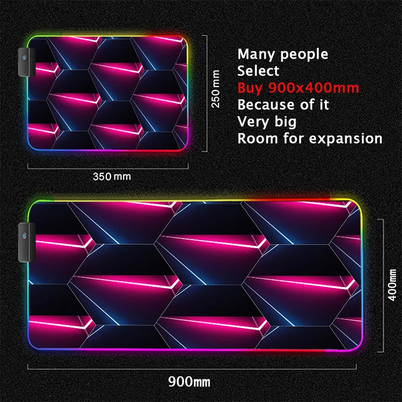 XXL RGB Gaming Mouse Pad New 3D Geometry Desk Mat HD Gamer Accessories Large LED Light Mousepads PC Computer Carpet with Backlit