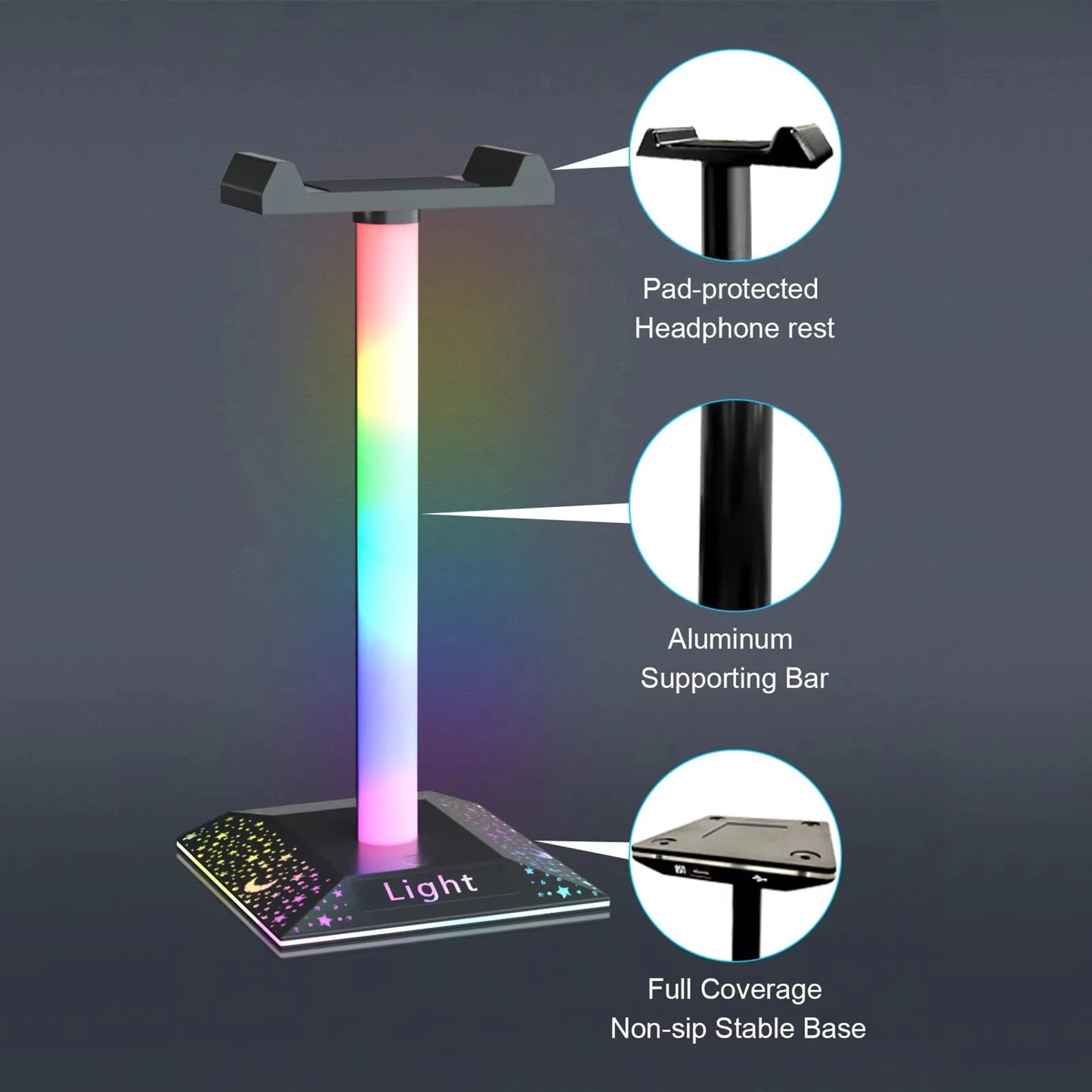 RGB Gaming Headset Stand LED Lights Headphone Stand Type-C & USB Charging Port Desk Lamp for Computer Room Bedroom Desktop