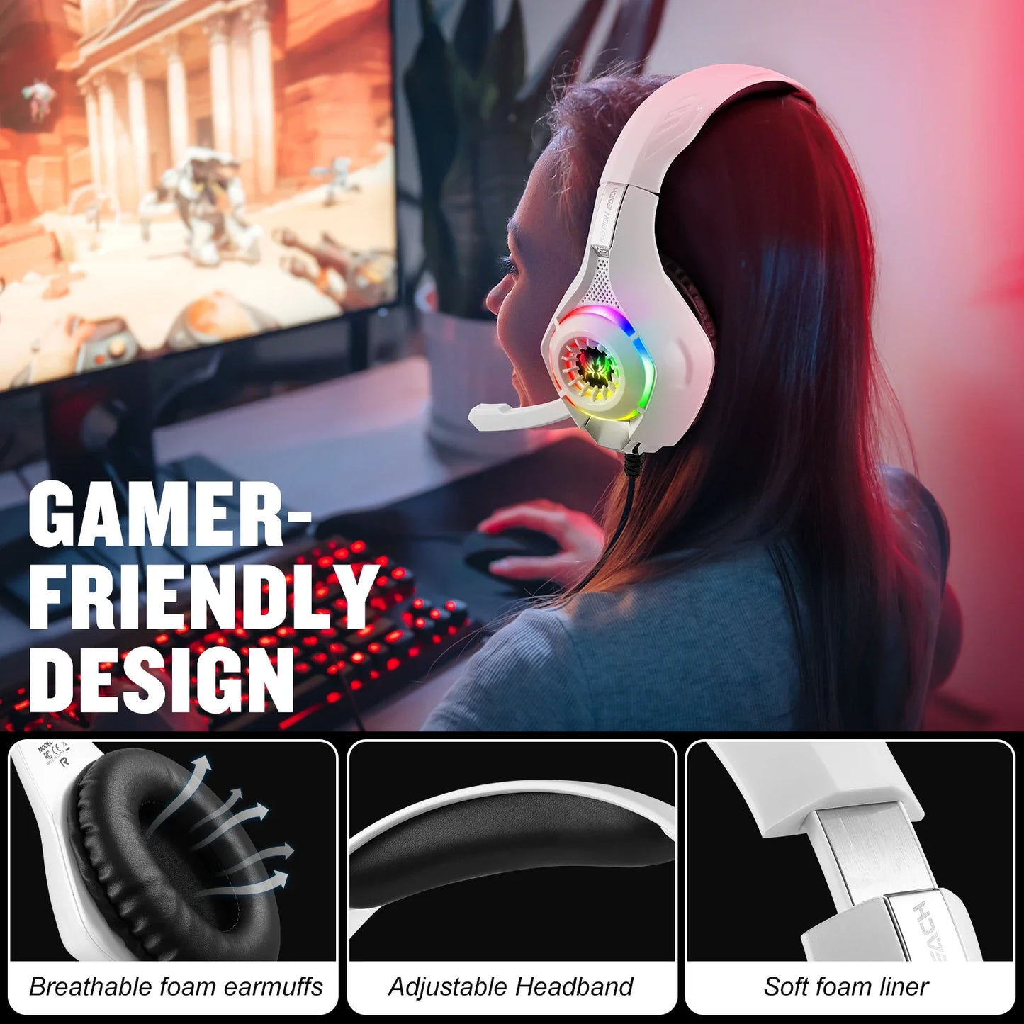 RGB Light Gaming Headset for PC PS5 Game Headphone with Microphone Noise Cancelling Earphone 3.5mm USB Deep Bass Stereo Sound
